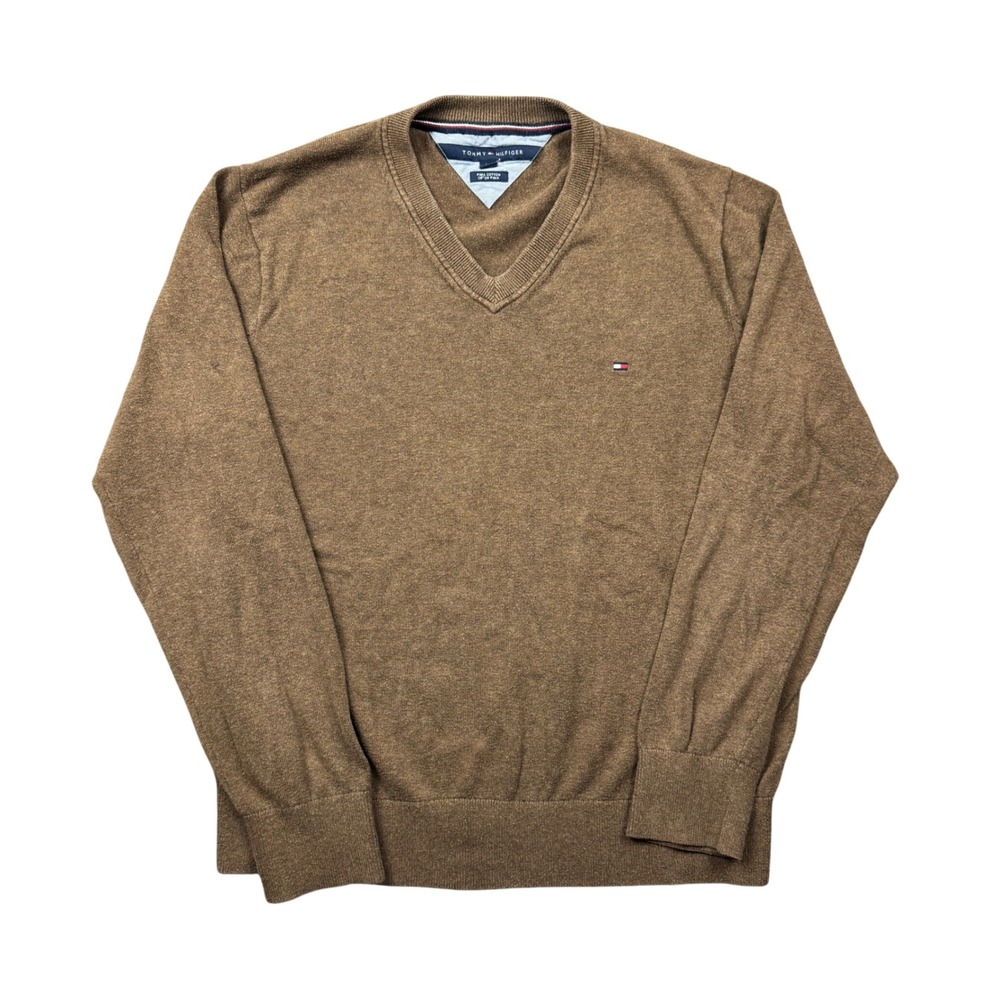 Tommy Hilfiger Men Large V-Neck Pima Cotton Sweater Brown Preppy Knit Pullover